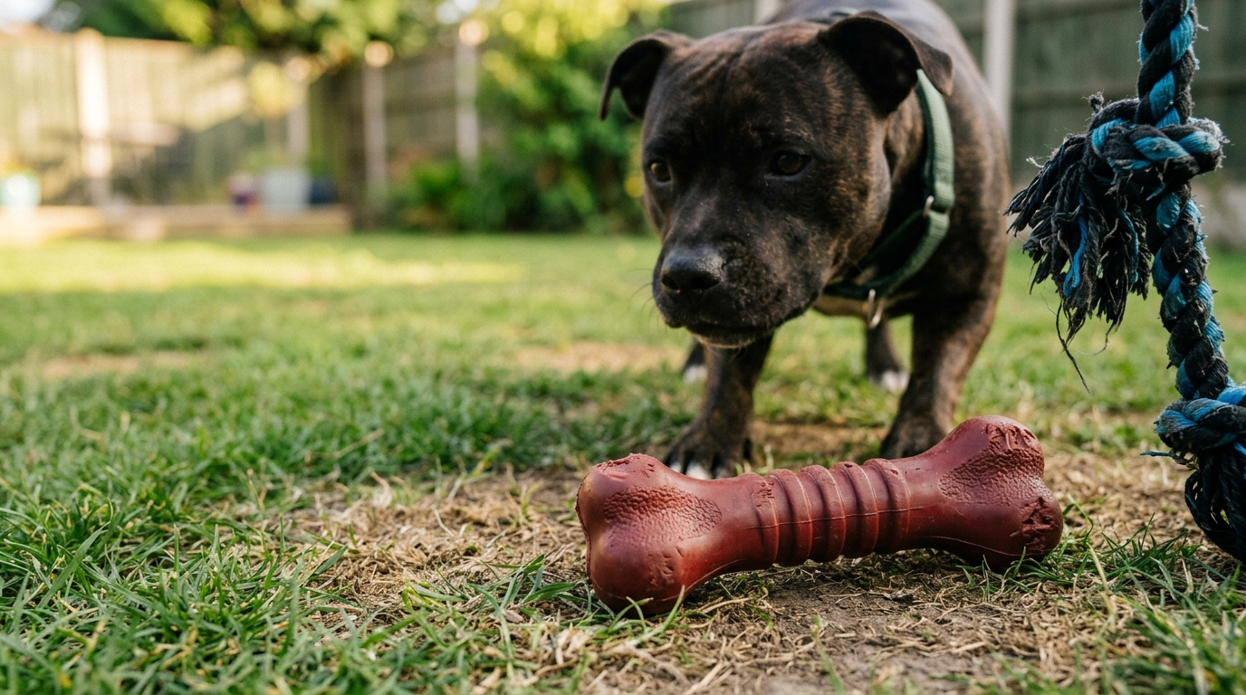 Chew toy for aggressive chewers beside a dog indoors
